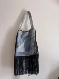 デニムパッチワーク トートバッグ フリンジ付き