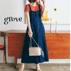 新品 grove デニムワンピース L ゆったり ジャンスカ フレア