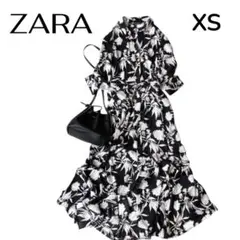 【限定値下】ZARA WOMAN花柄ボタニカルモノトーンワンピースリボンXS
