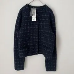【新品タグ付き】 ユニクロ ニットショートジャケット ネイビー L ツイード