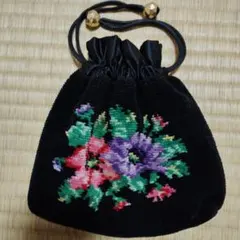 FELIER 花柄刺繍 巾着バッグ 黒