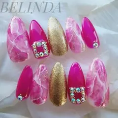 大理石 ピンク ビジュー ラメ ギャル ネイルチップ