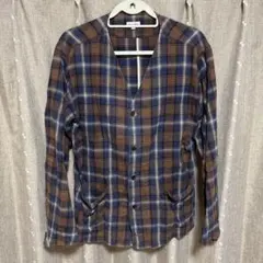 y030304 Steven Alan 長袖シャツ　チェック柄　ノーカラー　XL