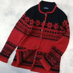 美品 ヴィンテージ ノルディック柄 襟付き カーディガン 長め 古着クリスマス