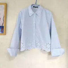ZARA ストライプ 刺繍襟 長袖 シャツ ブラウス M 9号 11号 ザラのサムネイル