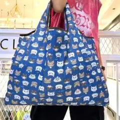 ラスト1点 　エコバッグ 猫 ネコ ナイロン ブルー コンパクト 大容量