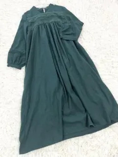 レース切替 コーデュロイ風 ロングワンピース グリーン Lサイズ ナチュラル