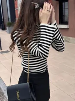 GRL ボーダー柄フレアスリーブリブニットトップス[k9086b] ブラック