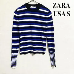 ザラ リブ ニット ボーダー 青 長袖 S 切り替え カットソー クルーネック