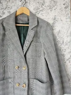 【お洒落】グレンチェック ダブルボタン テーラードジャケット グレー