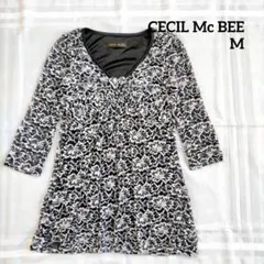 CECIL McBEE 花柄 五分袖 チュニック 透け感 黒 ブラック M
