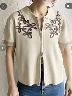 半袖ショート丈襟付きコード刺繍ダブルジップラインニットカーディガン