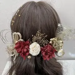再販☆和玉　髪飾り☆ドライフラワー卒業式成人式結婚式ゴールド紐リボンヘッドドレス