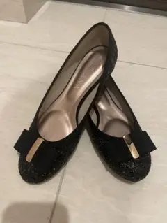 【美品】リボン付き黒フラット/DIANA/ダイアナ/KW41358/24.5