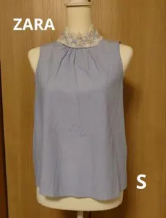 ZARA ノースリーブ ブラウス レースネック ストライプ S