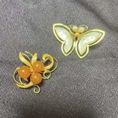 ヴィンテージ　ブローチ　蝶貝のブローチ　琥珀ブローチ