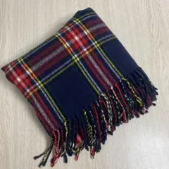 チェック柄フリンジマフラー ネイビー