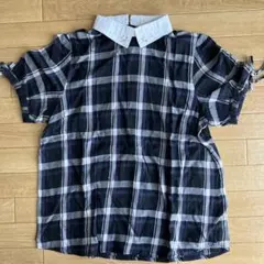 earth music&ecology_チェック柄、襟ビジュー付半袖シャツ_S