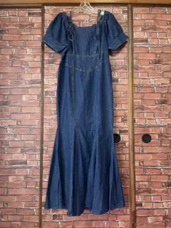 【新品】肩紐付き ダークブルー デニム フレアロングワンピース バルーン袖3XL