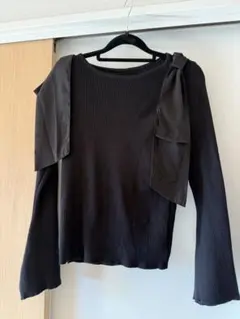 肩リボンリブ編み ブラックニット 長袖