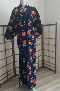 昭和レトロポップ　花柄浴衣　本染め　藍染　カラフル