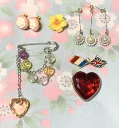 花 ハ－ト パール ビ－ズ イヤリング ピアス ブロ－チ セット 黄色 ピンク