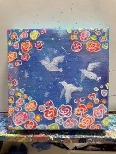 星空とお花畑とウサギの原画 ミニ色紙 絵画 現代アート 手描き