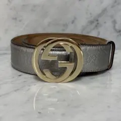 GUCCI グッチ レザーベルト 本革 GG シルバー 金バックル 肉厚