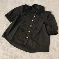 《ガーリー美シルエット》ロジータ フリル ブラウス 黒 パールボタン 襟レース