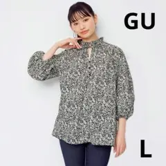 GU　L　プリントフリルネック/ペザントブラウス/花柄/七分袖/シャツ/2way