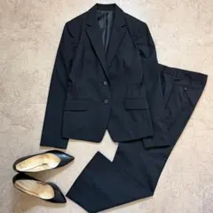 【美品】パンツスーツ 黒×黒ストライプ L 相当 通勤 リクルート 就活