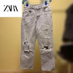 【美品】ZARA グレー ダメージストレートデニム