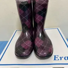 紫と黒のチェック柄レインブーツ24.0cm