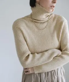 タートルネックリブニット ベージュ