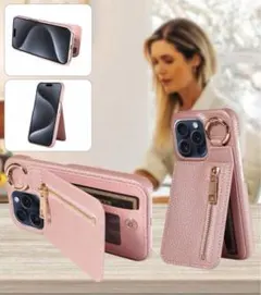 ピンク 合成皮革 iPhoneケース カードポケット付き