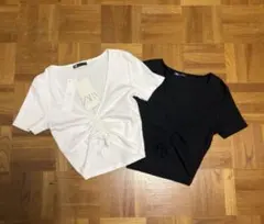 【ZARA 】フロントギャザー　クロップドトップス　白黒　2点セット　美品