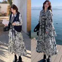 未使用3点セット 花柄ブラウスxスカート+ベスト付き