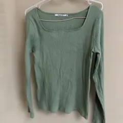 ミントグリーン リブ編み 長袖Tシャツ