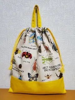 持ち手付き巾着袋 上靴入れ お道具袋 昆虫図鑑 イエロー