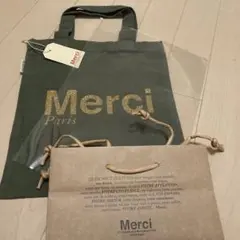 Merci カーキ色ゴールドラメ文字 トートバッグ ショッパー付き2点セットのサムネイル