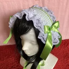 【ライトグリーン×ホワイトチェック】ハーフボンネット風ヘッドドレス【手作り】