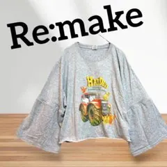 古着リメイク フレア袖 グレー 鳥 グランジ プリント 長袖Tシャツ