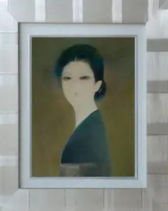 油絵 菅家令子 絵 絵画インテリア額付(青緑＋金色の枠)F4-070312 女性