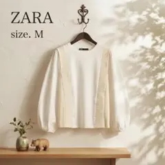 ZARA ザラ 異素材トップス M ニット切替 パフ袖 白 アイボリー