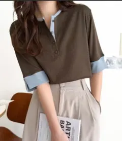 新品 クラシカルエルフ　 晩夏から秋まで♪配色ヘンリーネックTシャツ　ブラウン