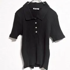 ザラ リブニット　半袖 ブラック きれいめ オフィスカジュアル 上品　Lサイズのサムネイル