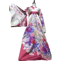 振袖　着物リメイク　ドレス　着物袖風　和柄　ワンピース　牡丹御所車　ハンドメイド