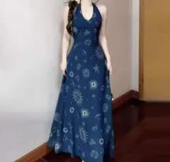 大人可愛い〜韓国ノースリーブ星柄ロングワンピース夏コーデ