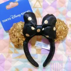 ディズニー　キーチェーン　ミニー　カチューシャ　スパンコール　ゴールド　黒リボン