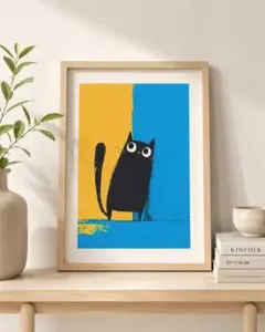 黒猫 アートポスター A4 北欧 カラフル インテリア 猫 雑貨